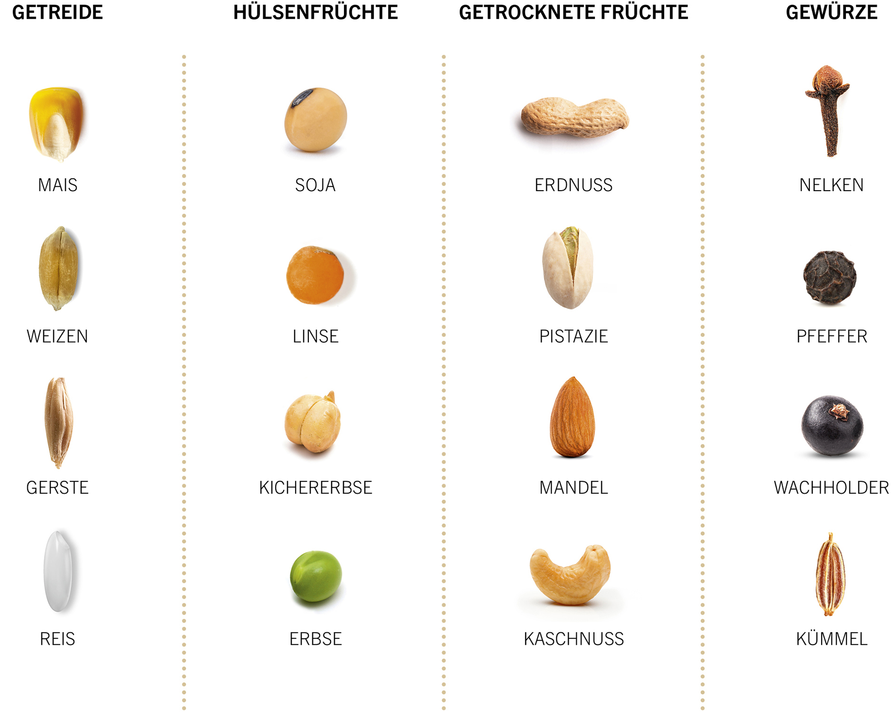 Getreide, Hülsenfrüchte, Trockenfrüchte und Gewürze